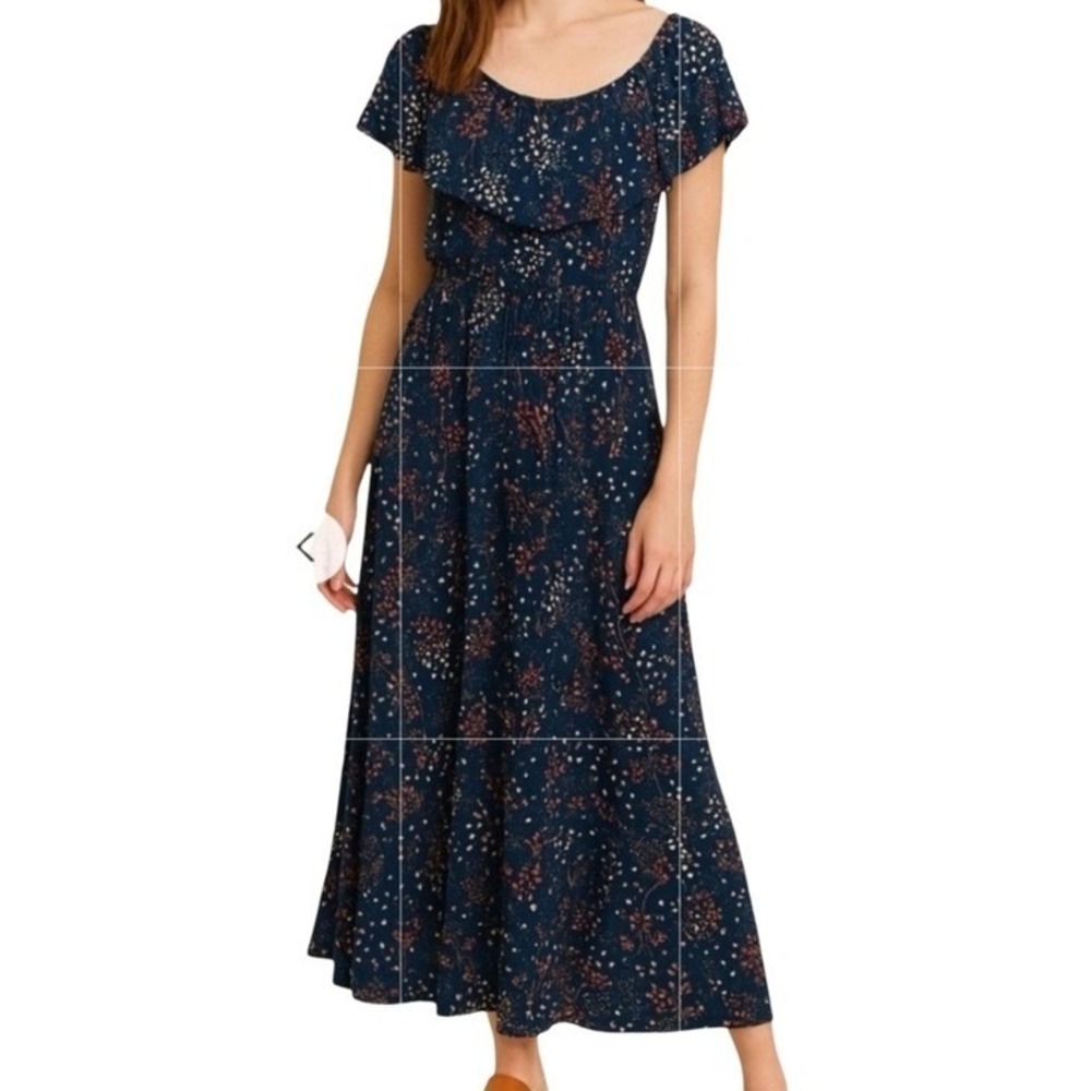 Margaux Riviera Floral Scoop-Neck Navy Maxi Dress with Ruffle Bodice Plus 2X New